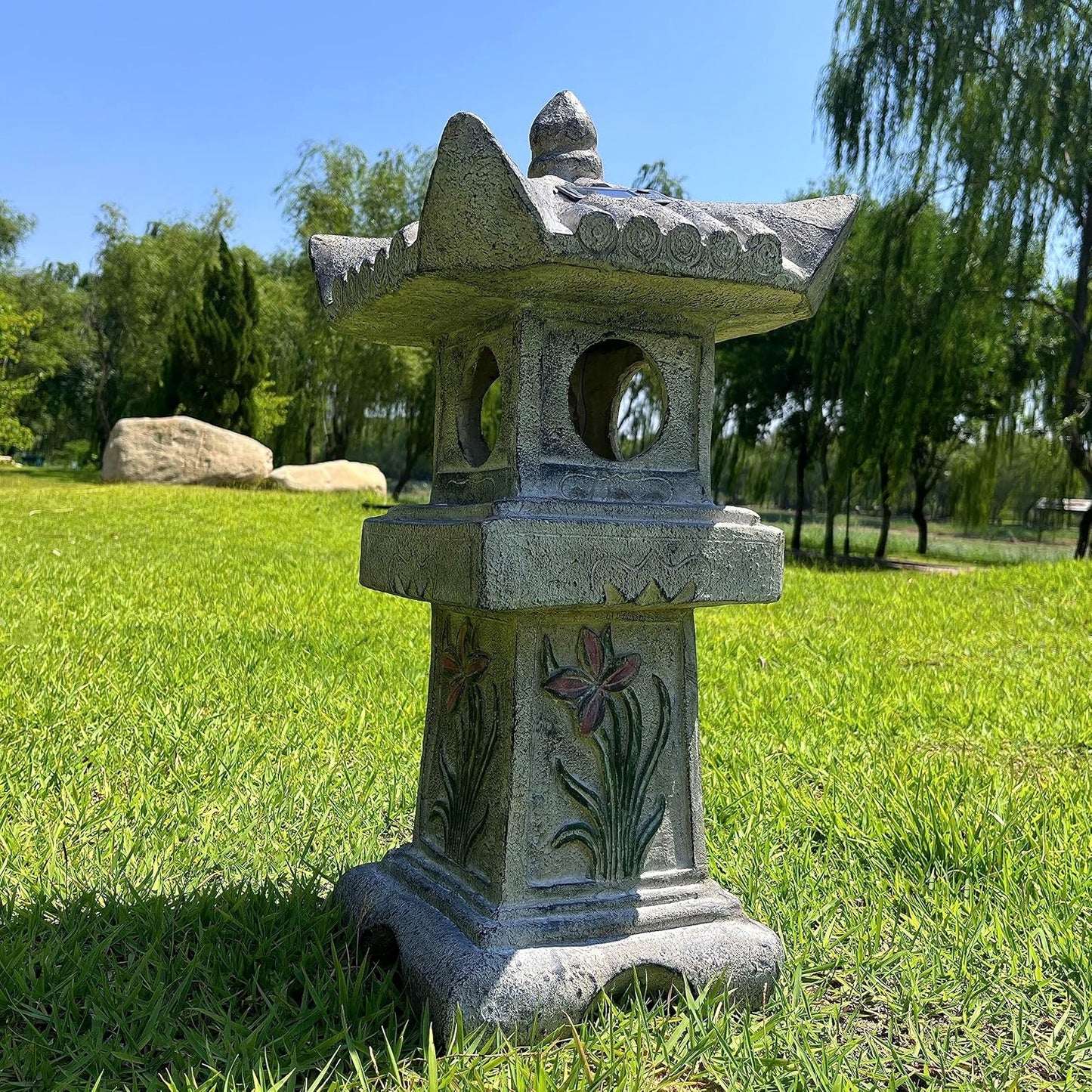 23.6’’High Asian Orchid Pagoda Statue Solar-Powered LED Light Miniature Tower Lantern Garden Decoration Figurines Solar Lamp Outdoor Japanese Decoration Zen Courtyard Landscape