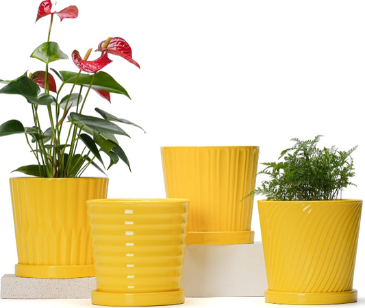 Ton Sin 6 Inch Ceramic Plant Pots – Indoor & Outdoor Flower Planters with Drainage Holes, 4 Pack (Yellow)