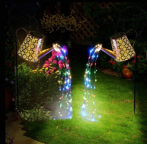 2 Pack Solar Watering Can Lights with Shepherd Hook: 60-LED Multicolor Garden String Lights, IP65 Waterproof