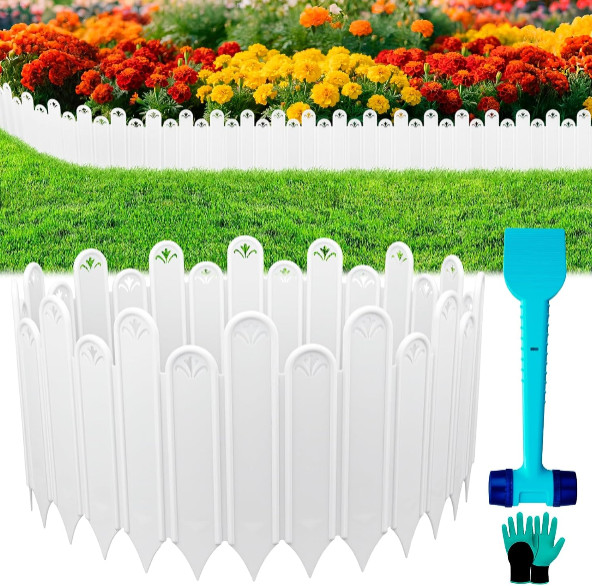 20PCS White Garden Edging Borders – 13.6ft Interlocking Plastic Fences with Hammer and Gloves, Flexible Flower Bed Border for Patio
