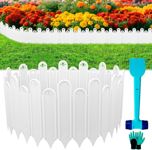 20PCS White Garden Edging Borders – 13.6ft Interlocking Plastic Fences with Hammer and Gloves, Flexible Flower Bed Border for Patio
