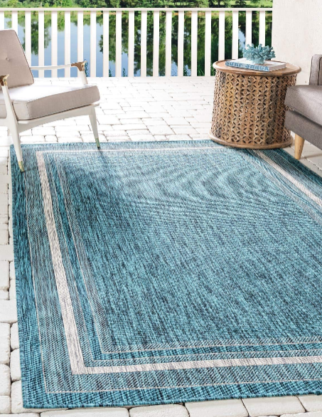 Unique Loom Outdoor Border Collection Area Rug – Soft Border, 4'1" x 6'1", Teal/Ivory