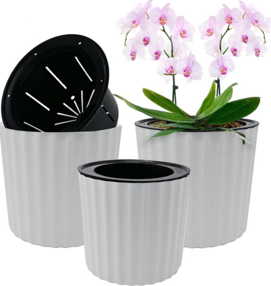MUZHI Orchid Pot – Self-Watering Plastic Planters with Mesh and Drainage Holes, 3 Sets, 2 Sizes, 7-Inch, White