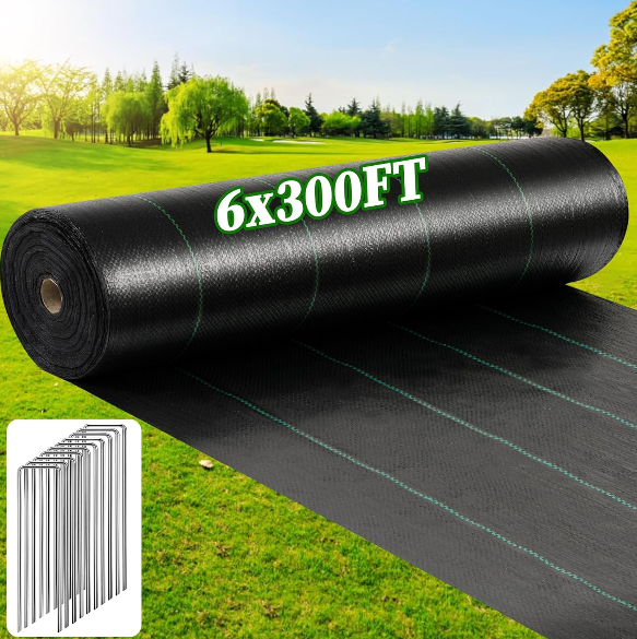 6FT x 300FT Heavy Duty Weed Barrier Landscape Fabric with 60 U-Shaped Pegs – Woven Geotextile Garden Bed Liner for Driveways, Greenhouses, and Landscaping