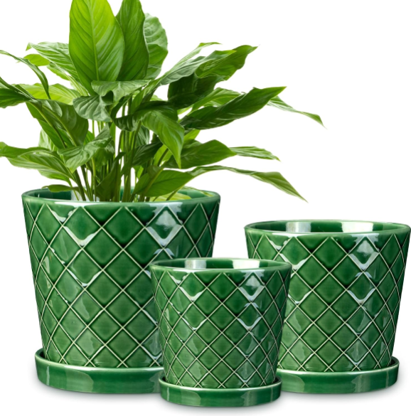 EFISPSS Ceramic Plant Pots Set – 4, 5, 6 Inch Indoor & Outdoor Flower Pots with Drainage and Tray, Patina
