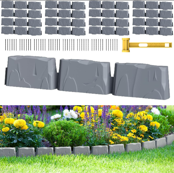 16Pcs Landscape Edging (24ft) with 48 Spikes – 3-Inch Tall Faux Stone Edging Bricks for Flower Beds, Lawn, Yard, and Weed Barrier, Dark Grey