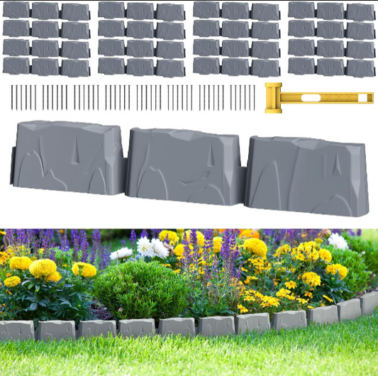 16Pcs Landscape Edging (24ft) with 48 Spikes – 3-Inch Tall Faux Stone Edging Bricks for Flower Beds, Lawn, Yard, and Weed Barrier, Dark Grey