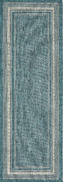 Unique Loom Outdoor Border Collection Area Rug Runner: Teal and Ivory Style for Indoor and Outdoor Spaces