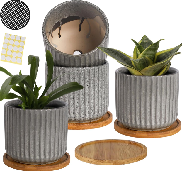 5.25 Inch Ceramic Plant Pots with Drainage Holes and Trays – Modern Vertical Stripe Planters Set of 4