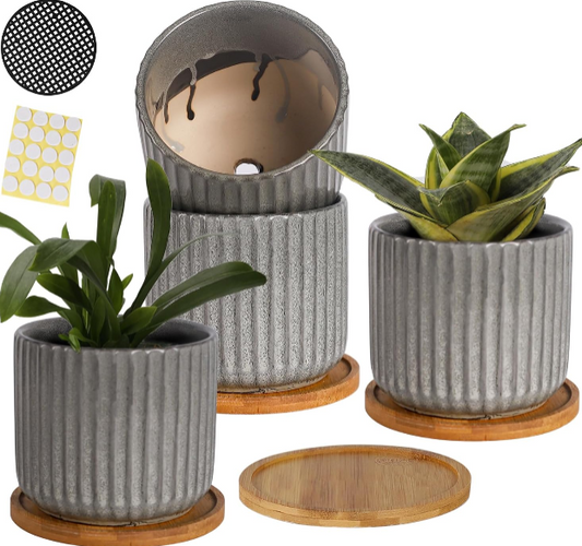 5.25 Inch Ceramic Plant Pots with Drainage Holes and Trays – Modern Vertical Stripe Planters Set of 4
