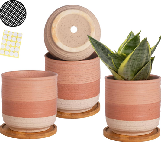 5.25 Inch Ceramic Planter Pot Set with Drainage Holes and Bamboo Saucer for Indoor Plants
