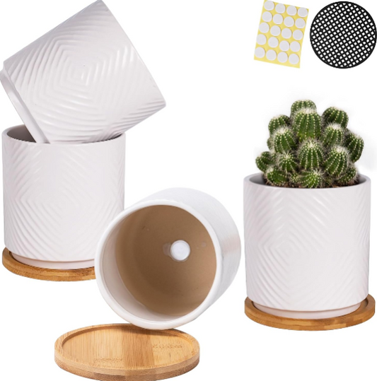5.25 Inch Ceramic Planter Pot Set with Drainage Holes and Geometric White Design