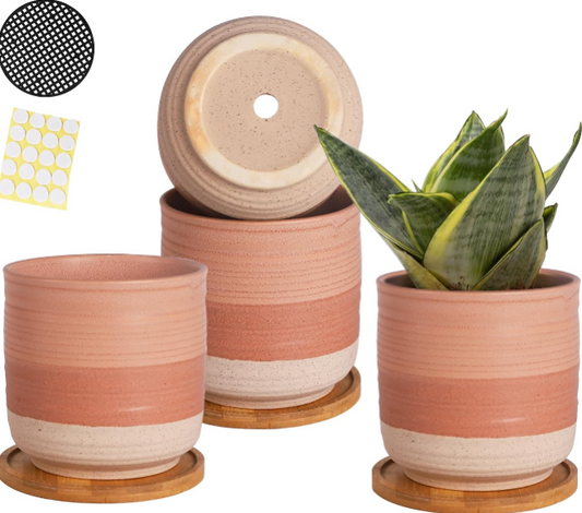 5.25-Inch Ceramic Planter Pots with Drainage and Bamboo Saucers: Gradient Color Indoor Plant Pots for Succulents, Snake Plants, Cactus, and Herbs (Set of 4)