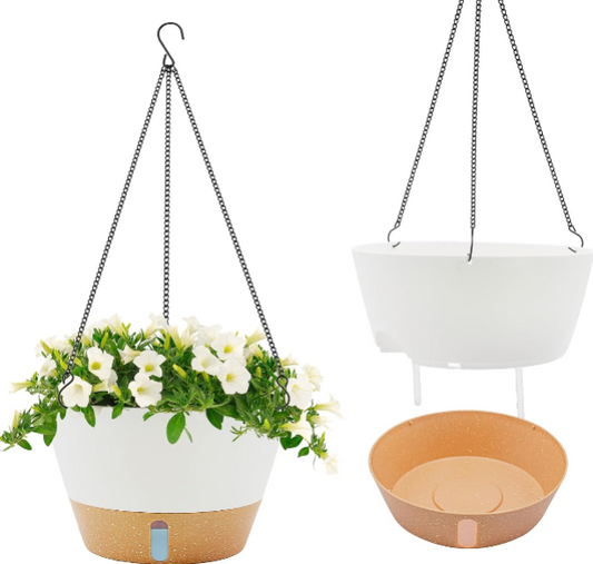 QCQHDU 2-Pack Hanging Planters – 10-Inch Self-Watering Baskets with Reservoir Tray and Visible Water Level
