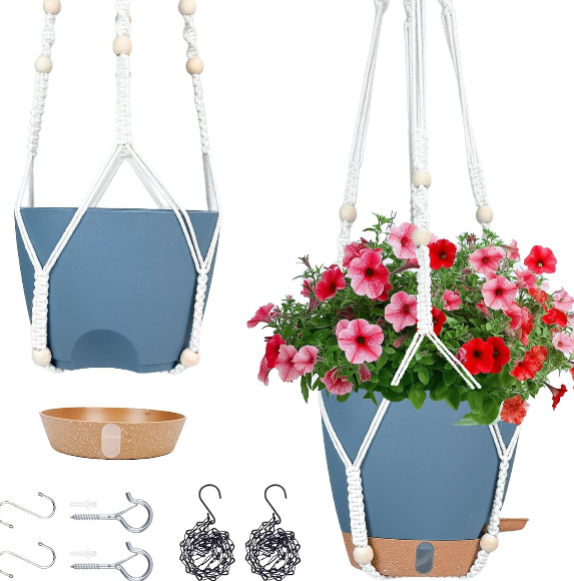 8-Inch Self-Watering Hanging Planters – 2 Pack Decorative Indoor/Outdoor Hanging Flower Pots with Drainage and Dual Hangers