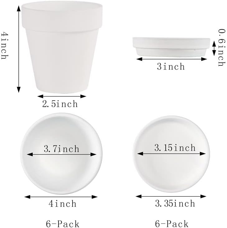 White Terra Cotta Pots with Saucer- 6-Pack Small Terracotta Pot Clay Pots 4'' Clay Ceramic Pottery Planter Cactus Flower Pots Succulent Pot with Drainage Hole- Great for Plants,DIY Craft Projects