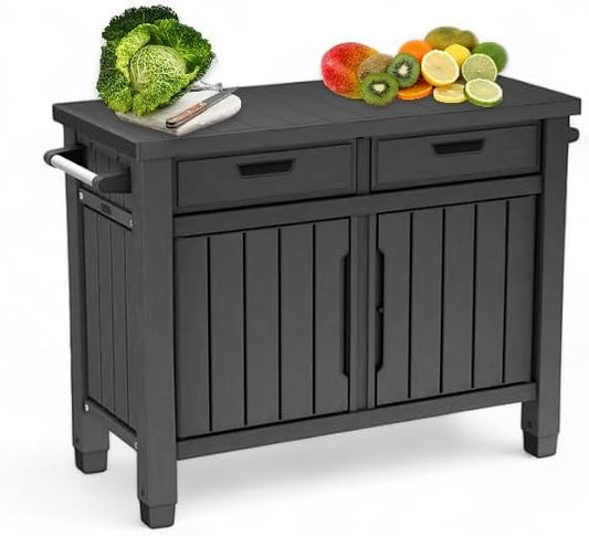 BBQ Outdoor Grill Table, Buffet, Entertainment and Storage Cabinet w/Drawers, Graphite Gray