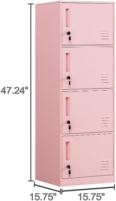 4 Door Metal Storage Locker Cabinet for Office, Home, Gym, School, Steel Cabinet to Storage File, Toys, Shoes and Sports Equipment, Locker Organizer for Gym Office Bedroom (4 Door, Pink)
