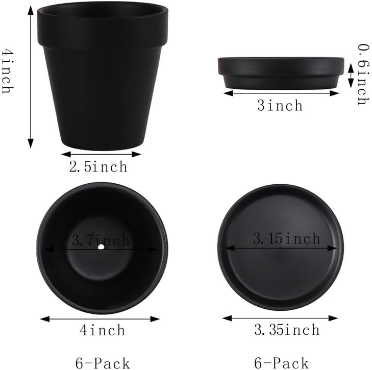 Black Terra Cotta Pots with Saucer- 6-Pack Small Terracotta Pot Clay Pots 4'' Clay Ceramic Pottery Planter Cactus Flower Pots Succulent Pot with Drainage Hole- Great for Plants,DIY Craft Projects