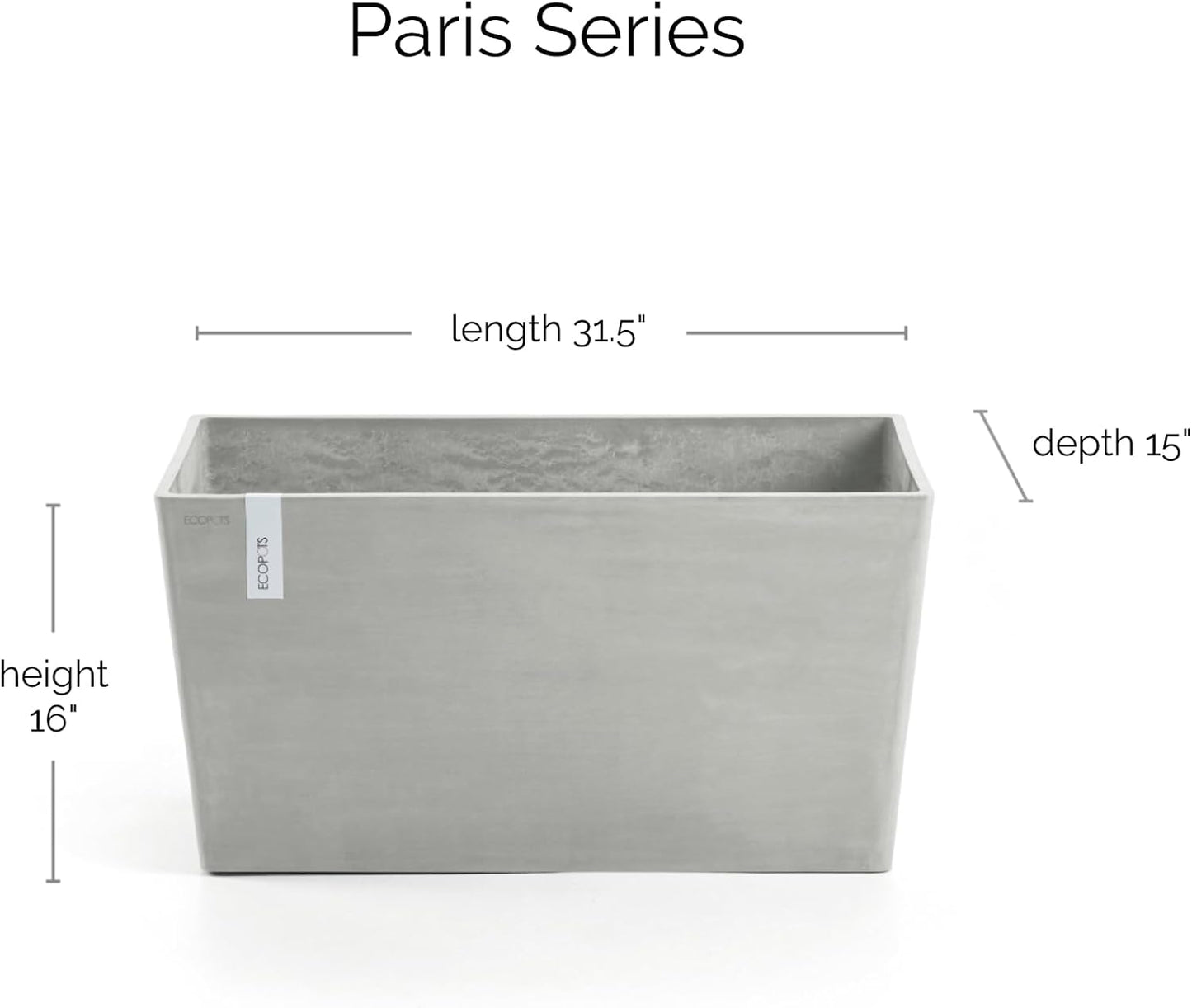 Ecopots Paris Durable Modern Rectangular Indoor/Outdoor Recycled-Based Composite Flower Planter, White Grey, 31.5"