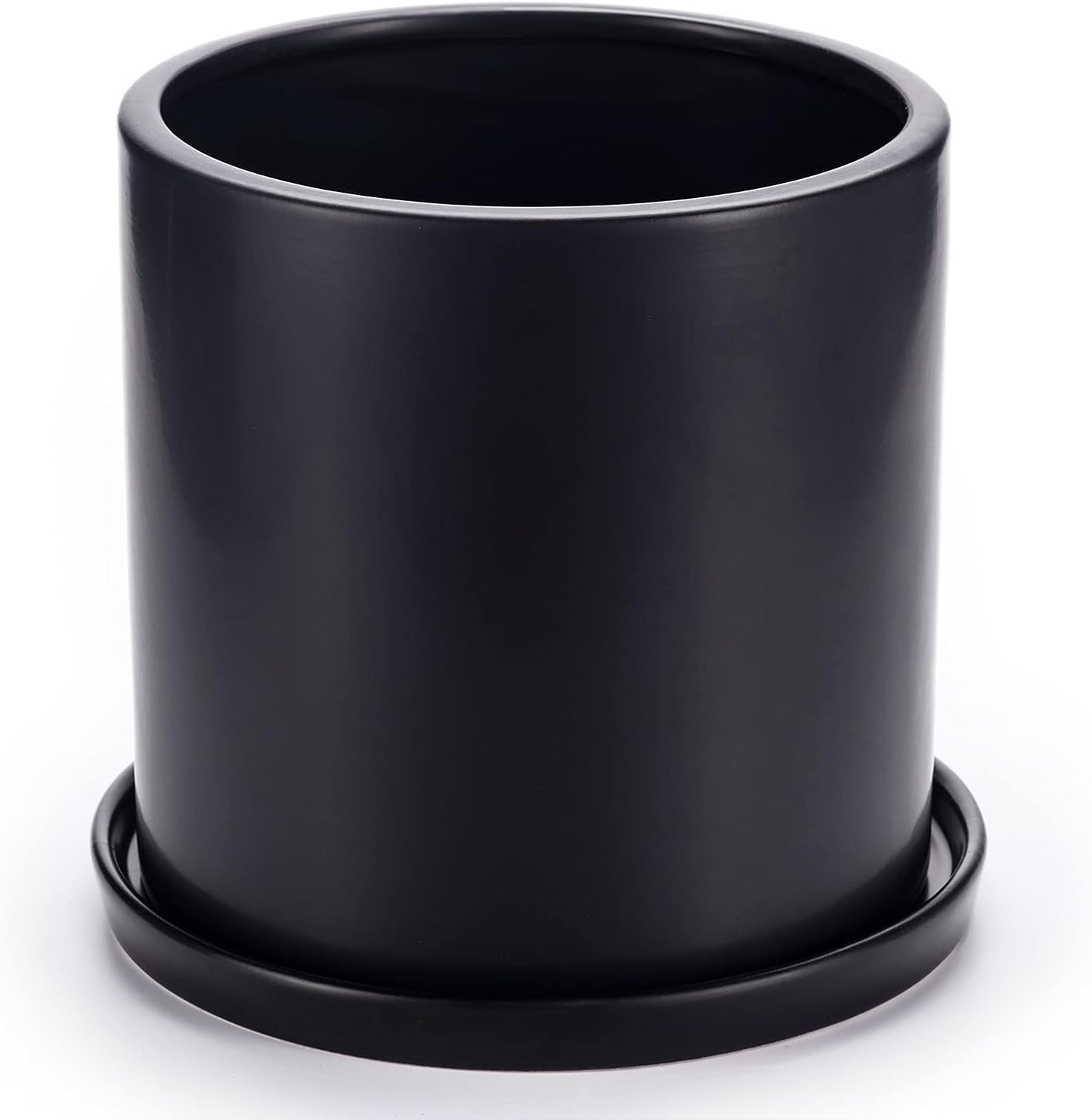 Plant Pots 10 Inch Ceramic Planter with Drainage Hole and Saucer, Matte Black Modern Cylinder Planter Pot for Indoor Outdoor Plants Flowers, Full Glazed Finish