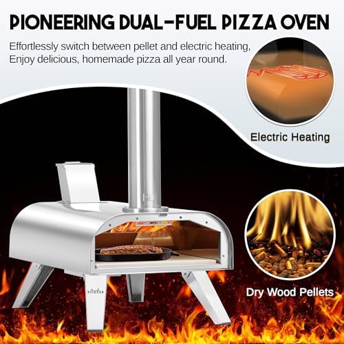 BIG HORN OUTDOORS 12" Dual Fuel Pizza Oven – Electric & Wood Pellet, Indoor & Outdoor High-Temp Pizza Maker (1000°F) with Pizza Stone for Wood-Fired Flavor