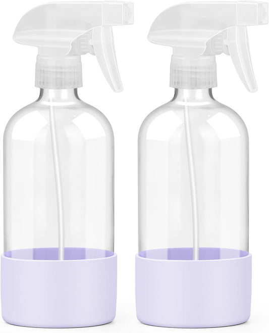 2 Pack Glass Spray Bottles with Silicone Sleeve, 16 oz Empty Refillable Containers with Adjustable Spray Nozzles, Spray Bottles for Hair, Cleaning Solutions and Plants Purple