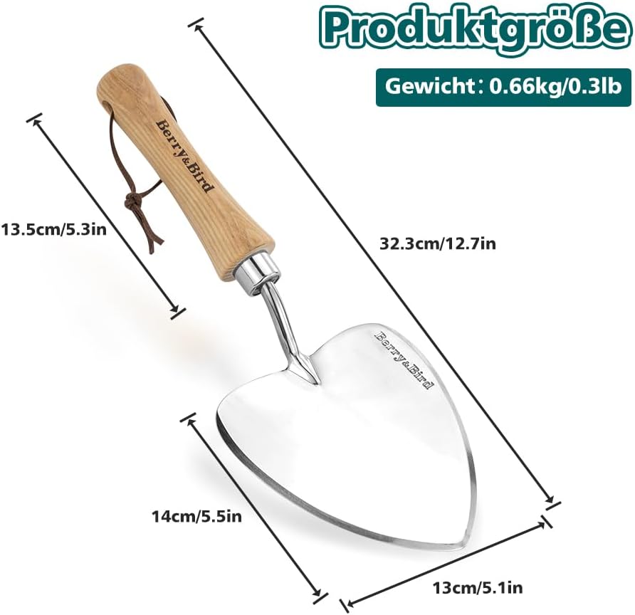 Berry&Bird Perennial Trowel, Oversized Garden Potting Trowels with Sharp Blade Wood Hand Shovel, Stainless Steel Planting TSpade Gardening Tool for Roots,Digging,Transplanting