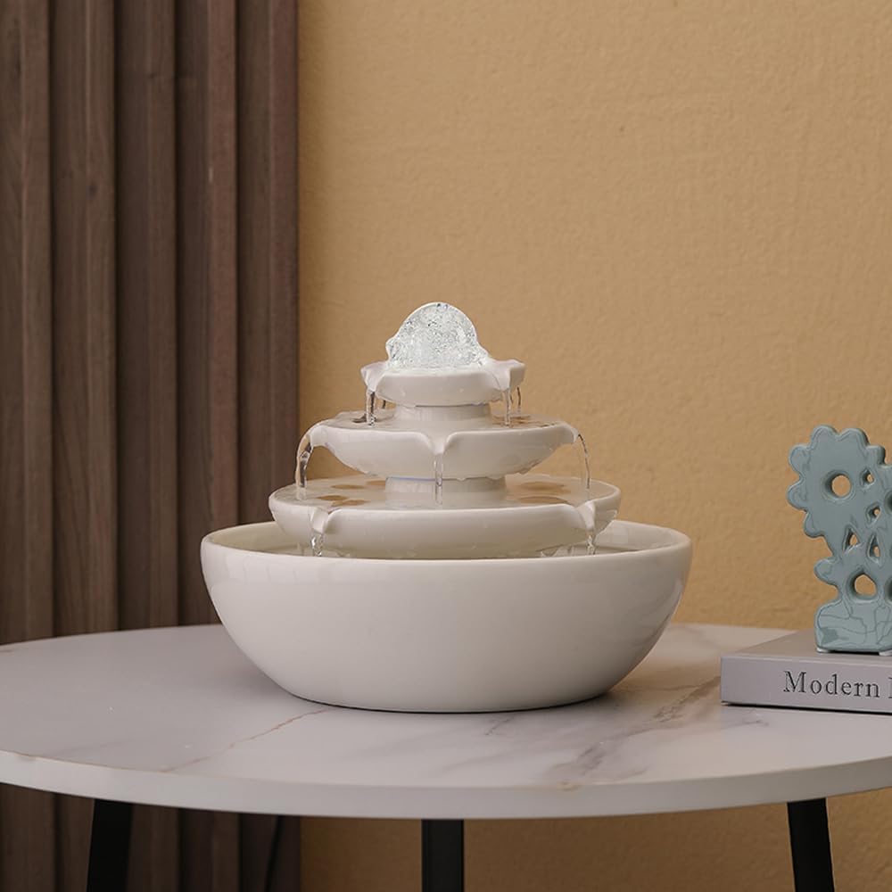 Indoor Tabletop Ceramic Fountain Water Feature Home Kitchen Office Decoration Modern Design Style (White)