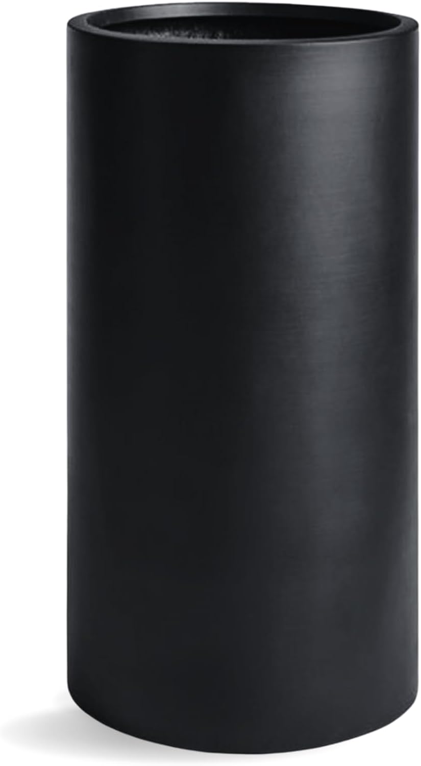 19.5"H x 9.8"D Tubo Fiberstone Cylinder Tall Planter with Drainage Hole, Smooth Finishes, Weather Resistant for Indoor and Outdoor Use, Included 2 Extra Coco Mats (Black, 8.2" Pot Opening)