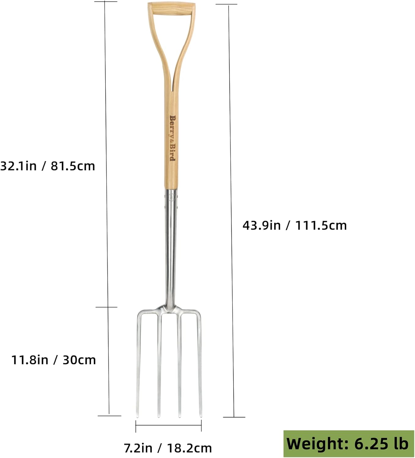 Berry&Bird Gardening Digging Fork, 4-Tine Stainless Steel Pitchfork, 43.9" Heavy Duty Spading Fork with D-Grip Handle and Ergonomic Ash Wood Handle for Digging, Planting, Cultivating, Aerating