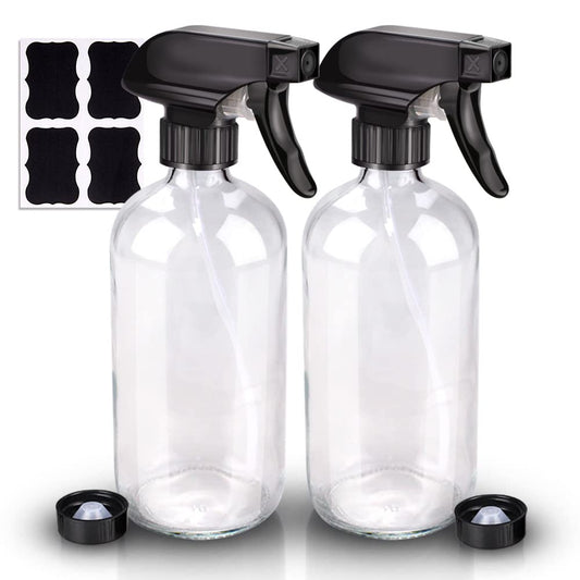Wedama Glass Spray Bottle, 2 Pack Clear 16 oz Glass Spray Bottles for Cleaning Solutions and Essential Oils, Refillable Empty Spray Bottle with Adjustable Nozzles for Alcohol, Plant and Hair Care