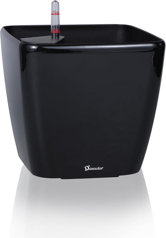 Dexceder 11x10 Self Watering Planter Indoor Outdoor, Inner Mat Design, Thickened Table Flower Plant Pot with Water Level Indicator (Black High Gloss)