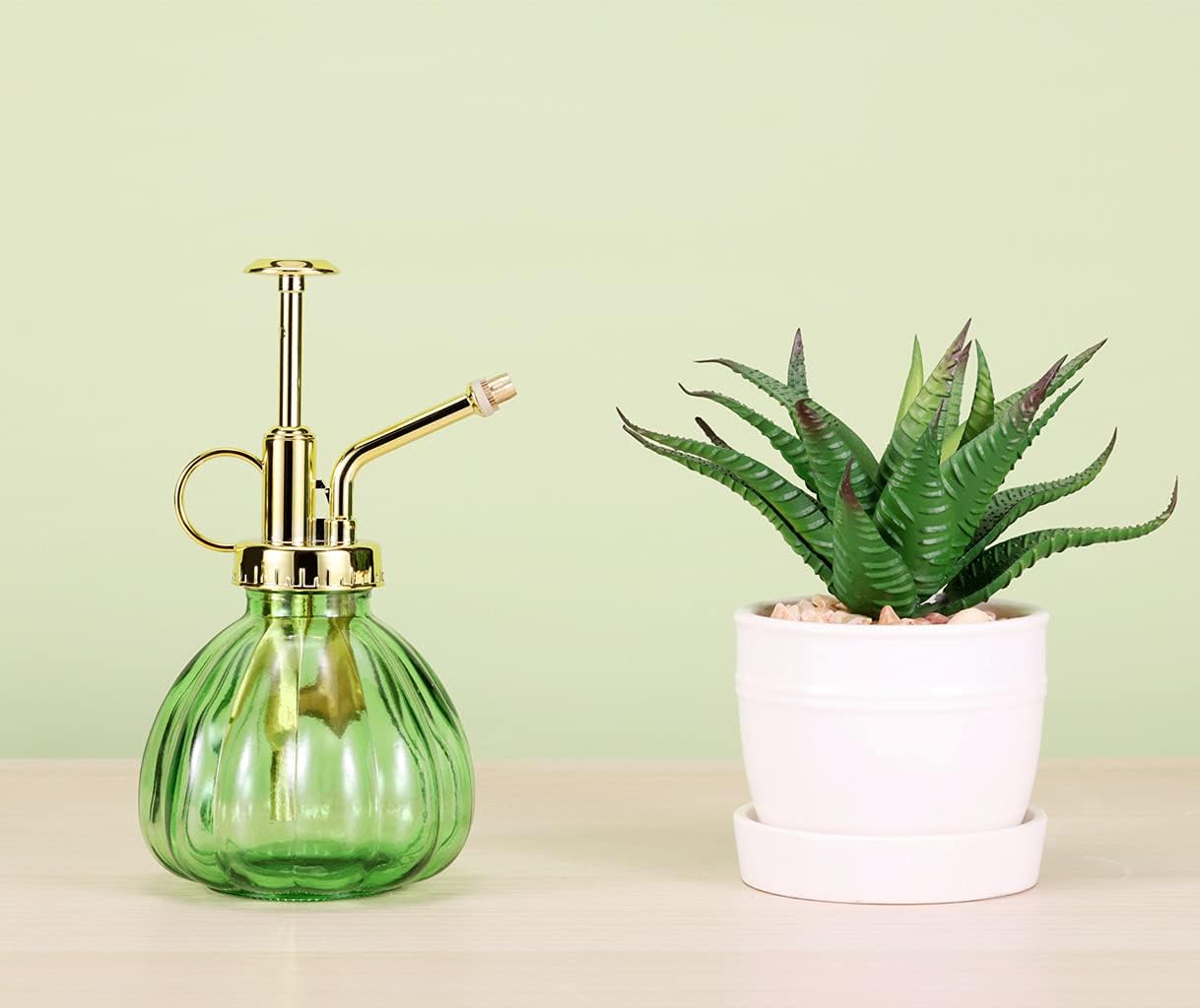 Glass Plant Mister Spray Bottle, 6.5" Green Glass Water Spray Bottle with Gold Top Pump Small Watering Can, Small Plant Sprayer Mister for Indoor Outdoor House, Green+Gold (Green+Gold C)