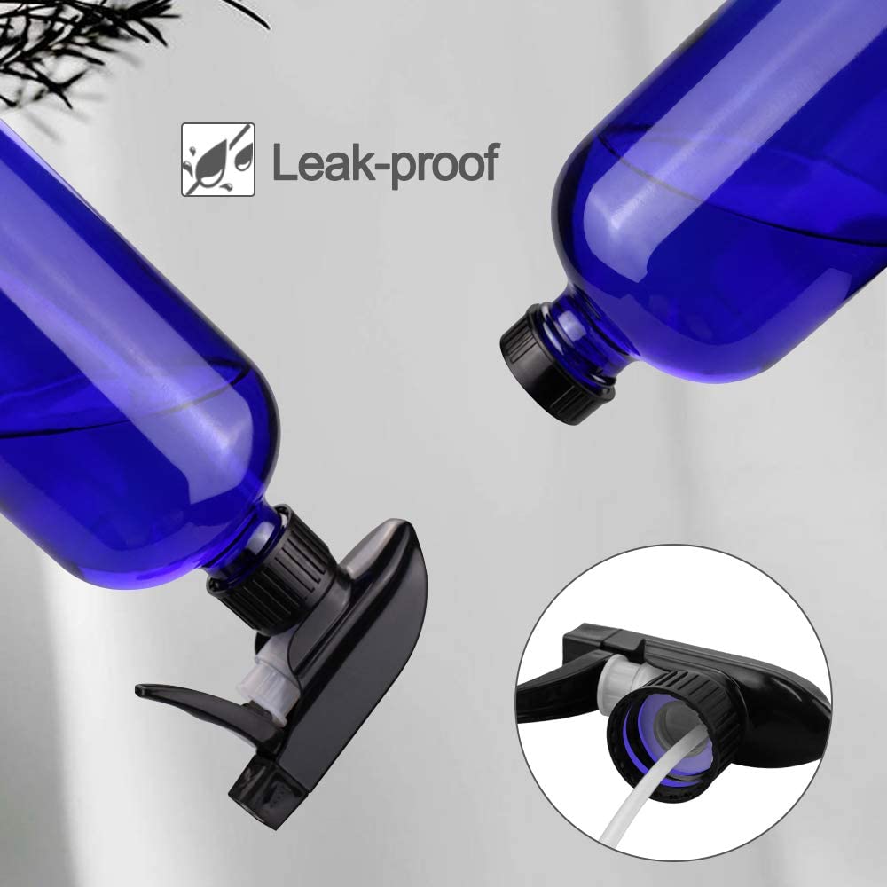 Glass Spray Bottles, 16oz Refillable Containers, Empty Boston Round Bottles with Labels & Adjustable Nozzle for Cleaning, Gardening, Aromatherapy, Pets, Plant, Hair -Blue (2 Pack)