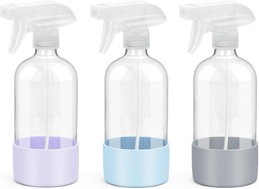 Glass Spray Bottles with Silicone Sleeve Protection, Empty 16 oz Refillable Containers, Reusable Spray Bottles with Adjustable Nozzle for Hair, Cleaning Solutions, 3 Pack Grey&Blue&Purple