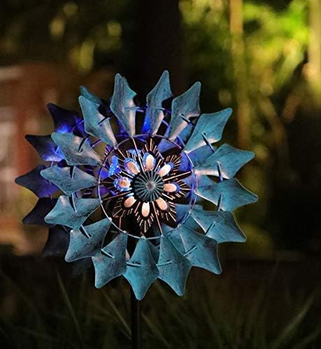 Solar Wind Spinner Azure 360 Degrees Rotate with Multicolor Crackle Glass Globe LED Light Kinetic Dual Direction Outdoor Windmill Ornaments for Garden Backyard Lawn Decoration