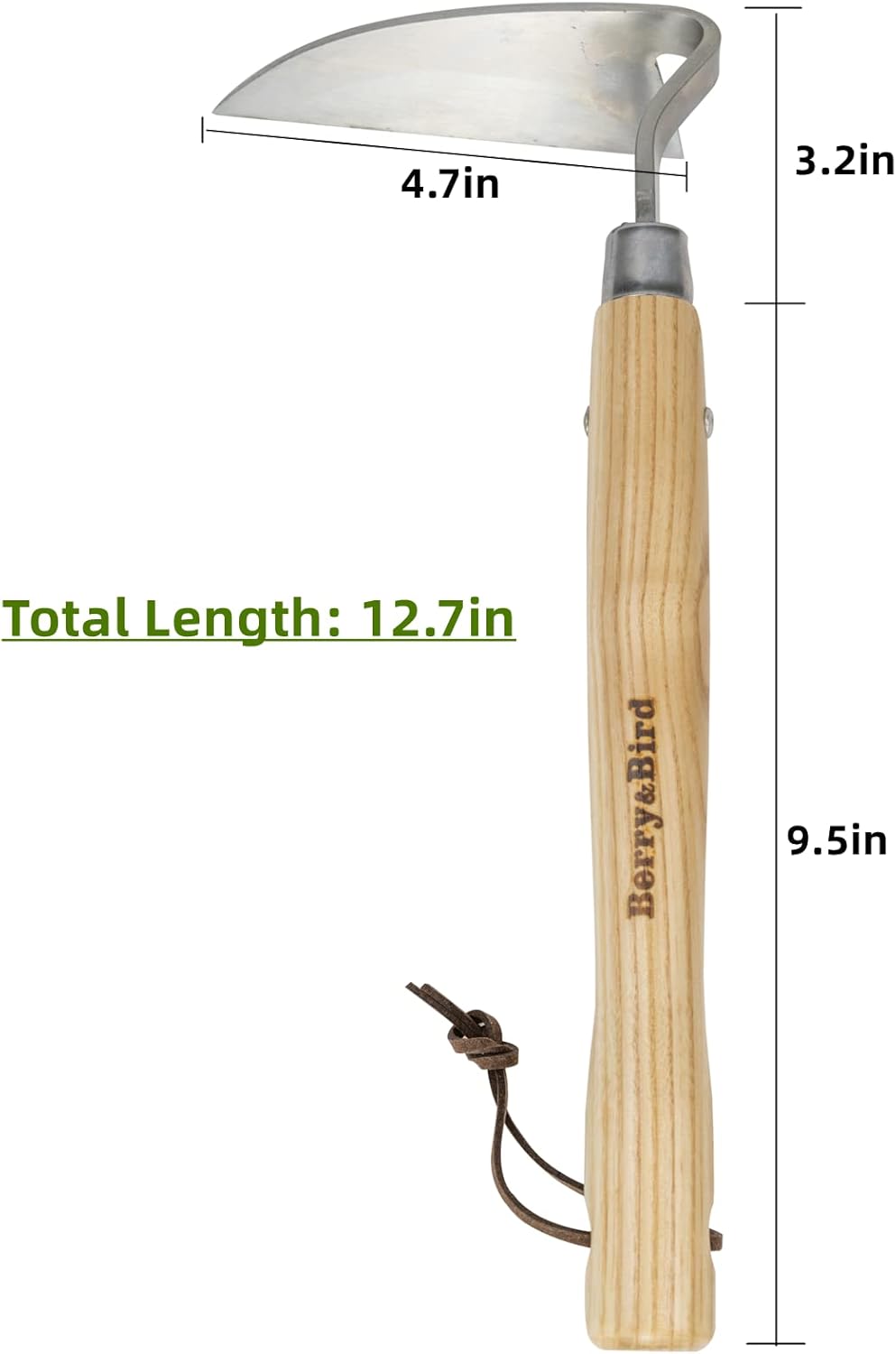Berry&Bird Japanese Weeder-Scraper-Hoe, 12.67-Inch Gardening Sickle Hoe, Stainless Steel Bent Angle Weeding Sickle, Weeder Hoe with Ergonomic Ash Wood Handle for Weeding, Soil loosening, Digging