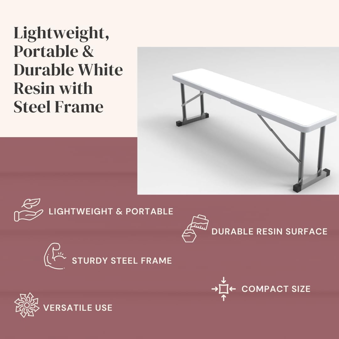2.75ft Plastic Folding Bench – Lightweight and Portable White Resin with Durable Steel Frame, 33”x8”x16” - (Pack of 2, White, 2.75 Feet)