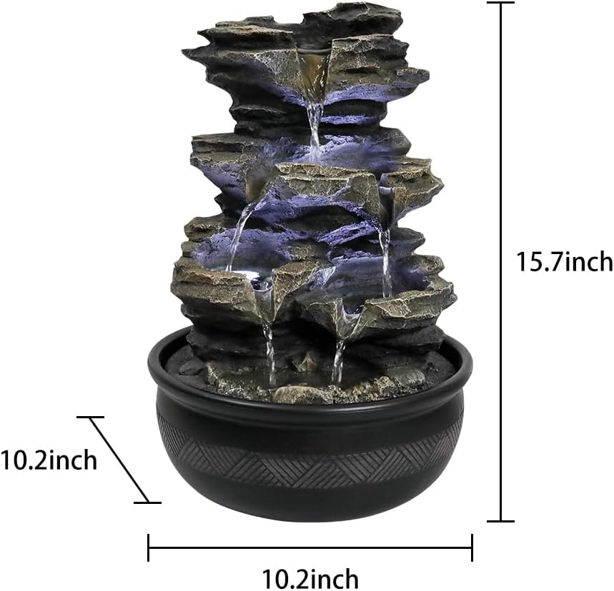 15.7" High Rock Cascading Tabletop Fountain, Zen Meditation Indoor Waterfall Feature with LED Light for Home Office Bedroom Relaxation