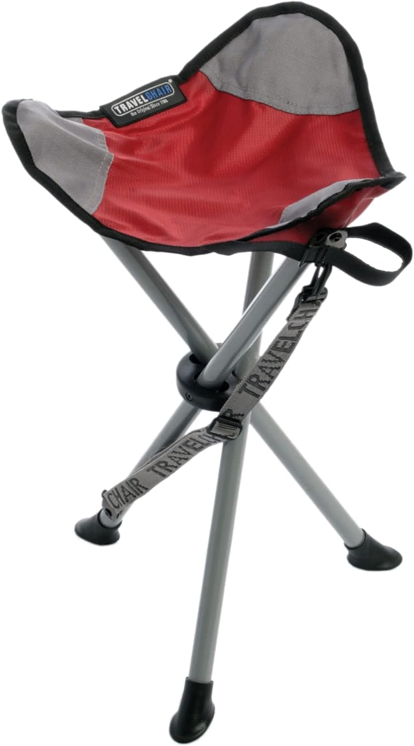 Travel Chair Slacker Tripod Chair for Camping, Lightweight Chair, Adjustable Carry Strap for Easy Transport | Oversized Duck Feet for Improved Stability | Perfect for Outdoor Adventures (Red)
