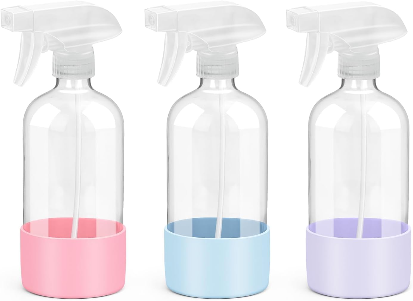 Glass Spray Bottles with Silicone Sleeve Protection, Empty 16 oz Refillable Containers, Reusable Spray Bottles with Adjustable Nozzle for Hair, Cleaning Solutions, 3 Pack Pink&Blue&Purple