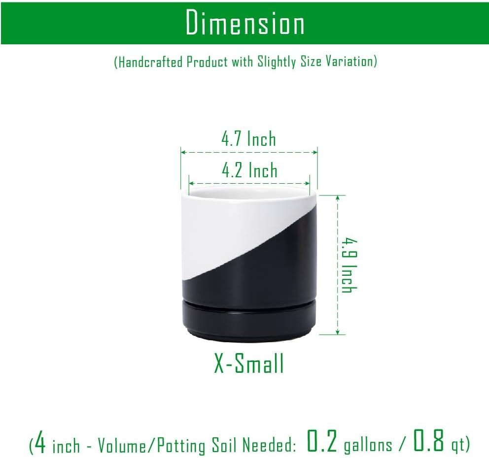 D'vine Dev 4.7 Inch Ceramic Planter Pot with Drainage Hole and Saucer, Indoor Cylinder Round Planter Pot, Oblique Monochrome Black and White, 94-O-B-K