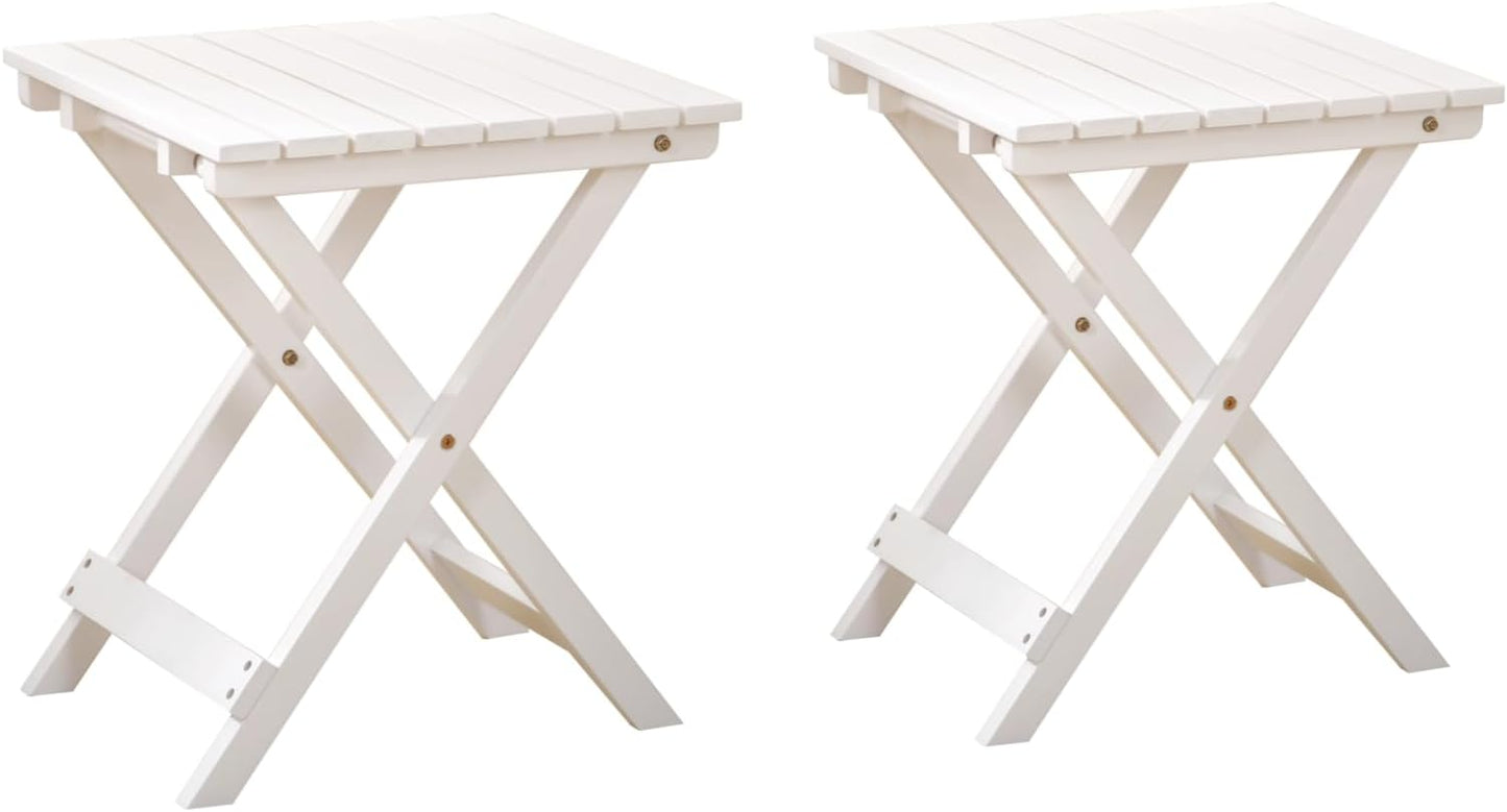 2 Pcs Small Folding Patio Side Table Outdoor Wood Wooden Small End Portable Plant Little Table for Garden Yard Porch Living Room Space Pool 15.4x15.4 x18.3 inch (White)