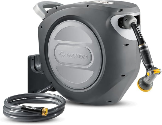 Retractable Garden Hose Reel 5/8 in x 100 ft Upgraded UV Resistant Heavy Duty Automatic Hose Reel Wall Mount 3/4 in Brass Fitting 9 Pattern Nozzle Any Length Lock Slow Retraction