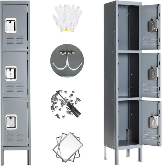 Bonusall Metal Locker for Employees, Office Storage Lockers 3-Tier Steel Lockers for School Gym Locker Compartment Home Office 3 Doors Grey