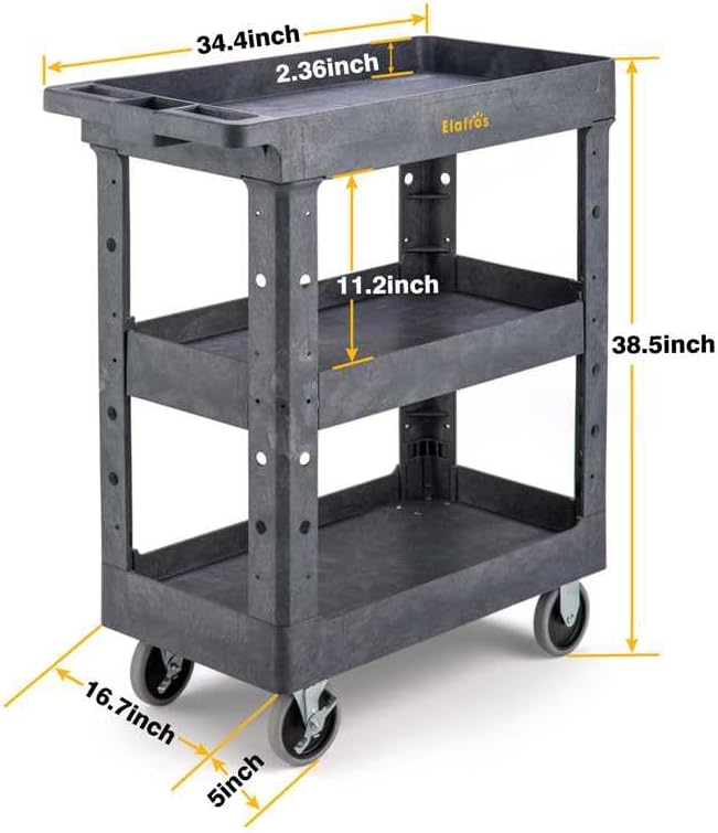 ELAFROS 3 Shelf Heavy Duty Plastic Utility Cart 34 x 17 x 38.5 Inch - Work Cart with 2 Fixed 2 Swivel Wheels and Safely Holds up to 550 lbs - 3 Tier Service Cart Deep Shelves Tool cart, Gray