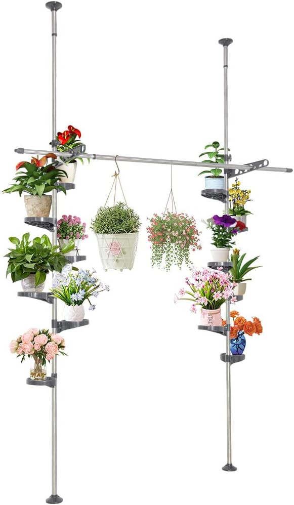 Hershii Expandable Plant Stand Double Tension Poles Holder Indoor Metal Flower Display Racks Floor to Ceiling Tall Decorative Storage Shelf with 12 Trays, 2 Arms & 1 Hanging Rod - Grey