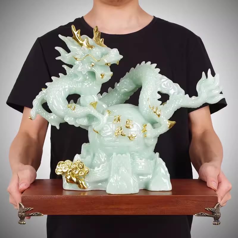 12.2 INCH Chinese Feng Shui Dragon Lucky Jade Color Figurine Statue for Luck & Success,Home Office Bookshelf Desk Decor,Green