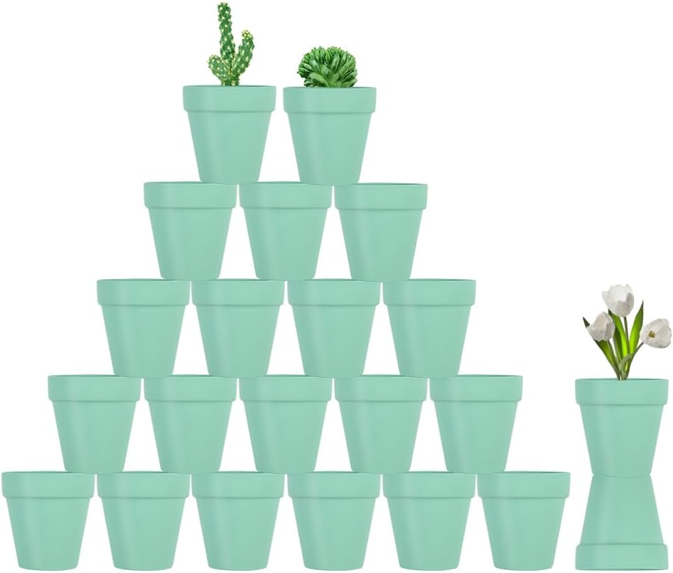 3 Inch Terracotta Pots - 22Pack Clay Flower Pots with Drainage Hole, Succulent Nursery Pot/Cactus Plant Pot. Great for Plants, Crafts, Wedding Favorn, DIY Production (Light green)